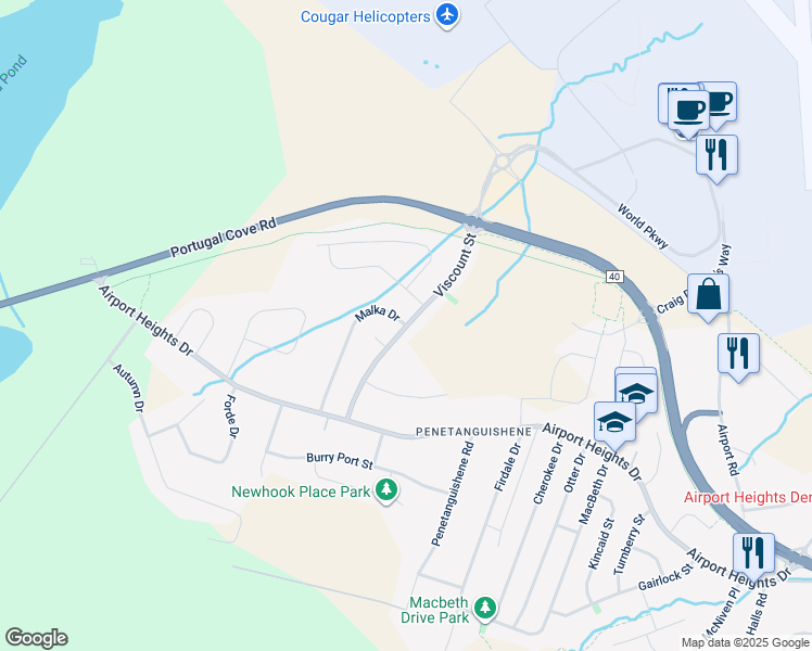 map of restaurants, bars, coffee shops, grocery stores, and more near Viscount Street in St. John's