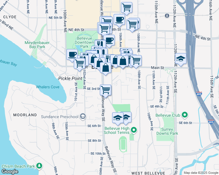 map of restaurants, bars, coffee shops, grocery stores, and more near 145 105th Avenue Southeast in Bellevue