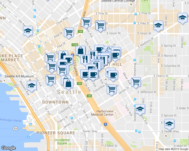 map of restaurants, bars, coffee shops, grocery stores, and more near 801 Spring Street in Seattle
