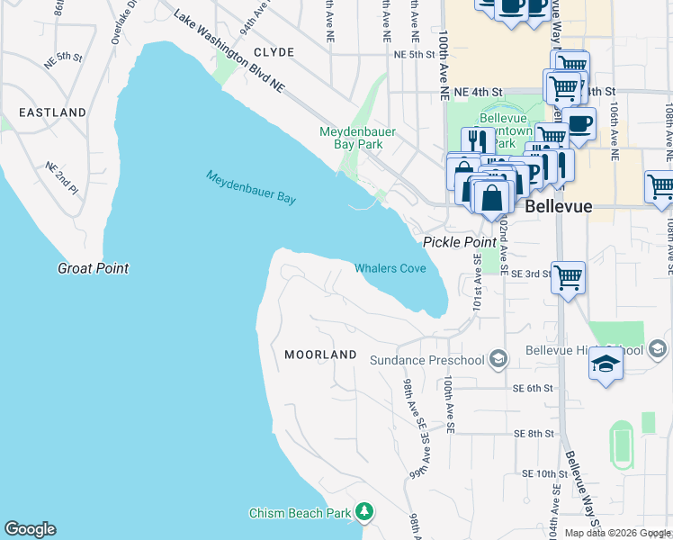 map of restaurants, bars, coffee shops, grocery stores, and more near 9330 Southeast Shoreland Drive in Bellevue