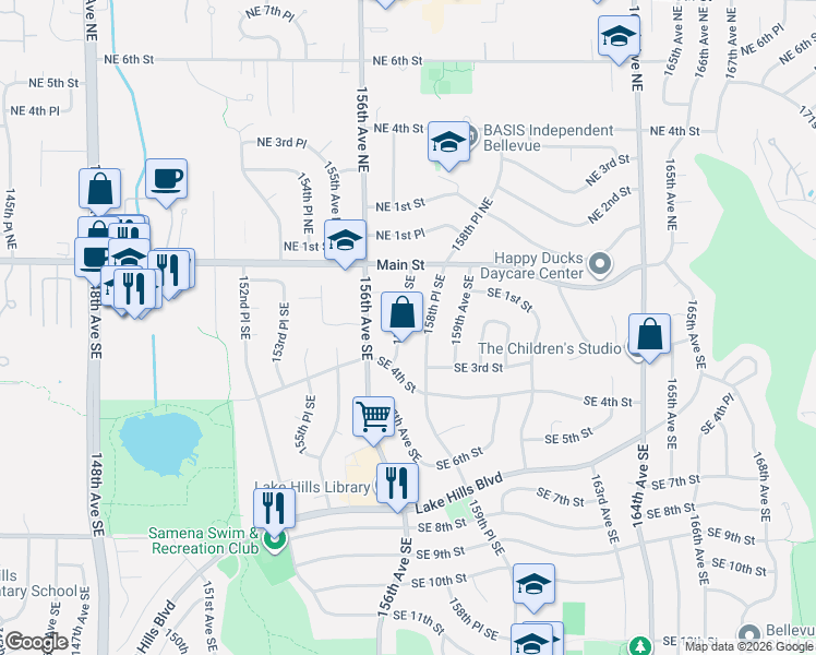 map of restaurants, bars, coffee shops, grocery stores, and more near 58 157th Avenue Southeast in Bellevue