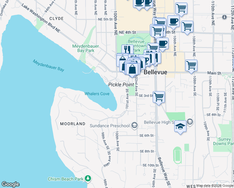 map of restaurants, bars, coffee shops, grocery stores, and more near 101 101st Avenue Southeast in Bellevue