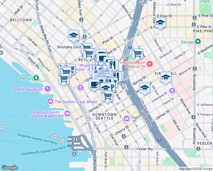 map of restaurants, bars, coffee shops, grocery stores, and more near 411 University Street in Seattle