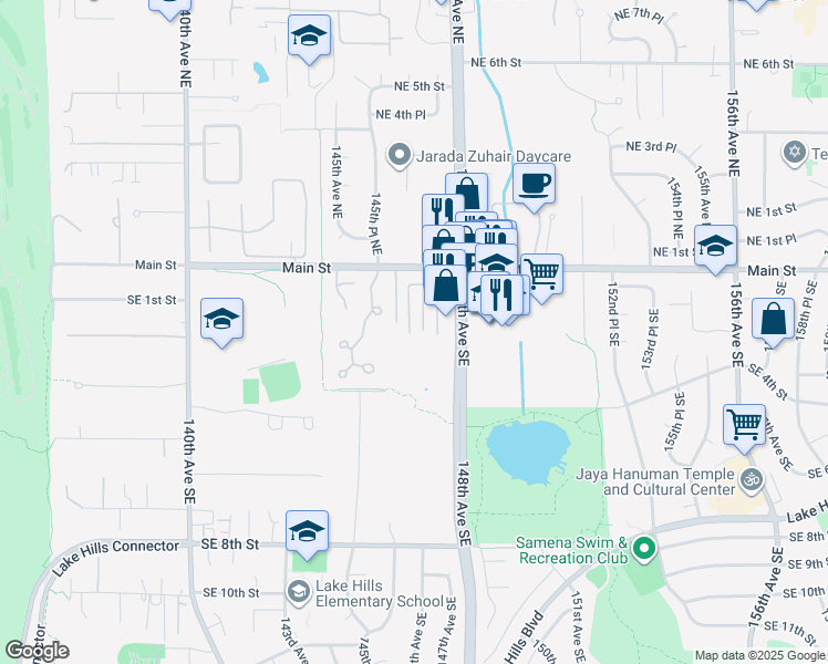 map of restaurants, bars, coffee shops, grocery stores, and more near 117 146th Avenue Southeast in Bellevue