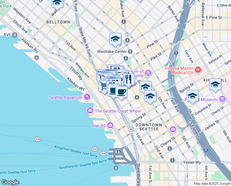 map of restaurants, bars, coffee shops, grocery stores, and more near 110 Union Street in Seattle