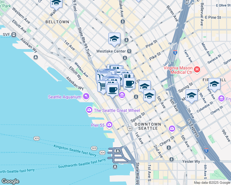 map of restaurants, bars, coffee shops, grocery stores, and more near 110 Union Street in Seattle