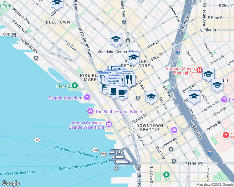 map of restaurants, bars, coffee shops, grocery stores, and more near 110 Union Street in Seattle