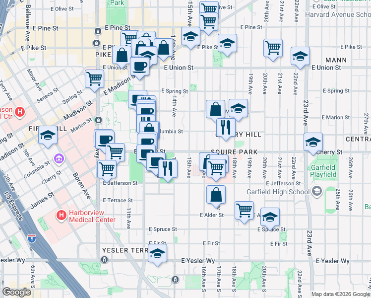 map of restaurants, bars, coffee shops, grocery stores, and more near 715 15th Avenue in Seattle