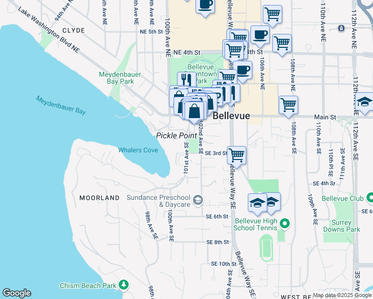 map of restaurants, bars, coffee shops, grocery stores, and more near 260 101st Avenue Southeast in Bellevue