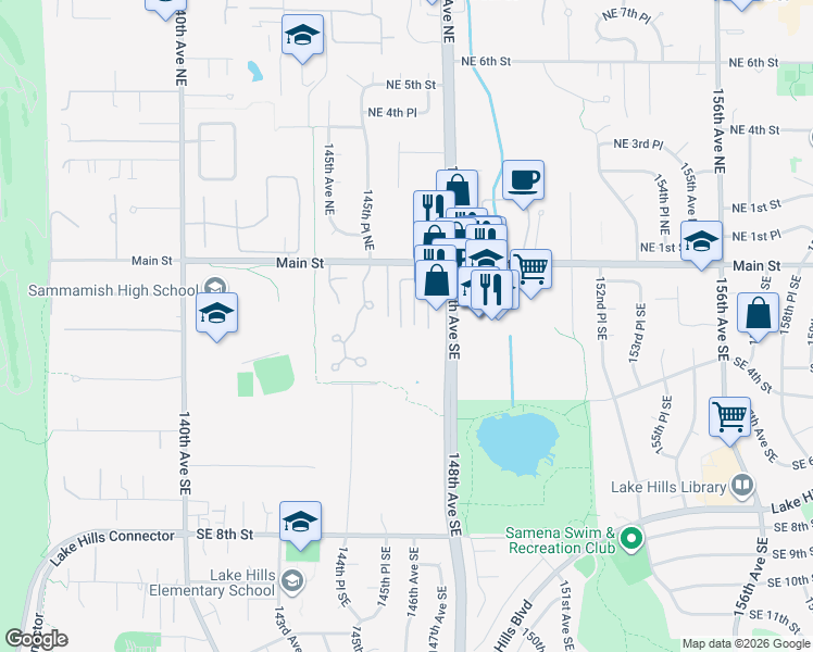 map of restaurants, bars, coffee shops, grocery stores, and more near 117 146th Avenue Southeast in Bellevue
