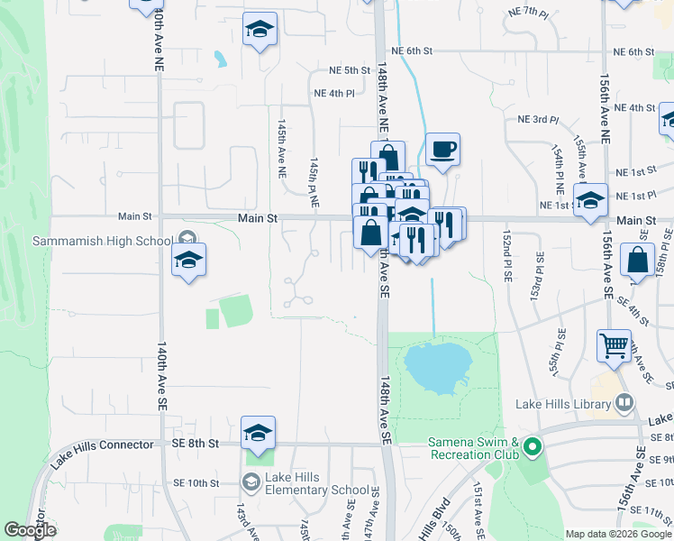 map of restaurants, bars, coffee shops, grocery stores, and more near 131 146th Avenue Southeast in Bellevue