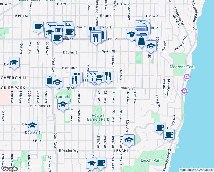 map of restaurants, bars, coffee shops, grocery stores, and more near 2820 East Cherry Street in Seattle