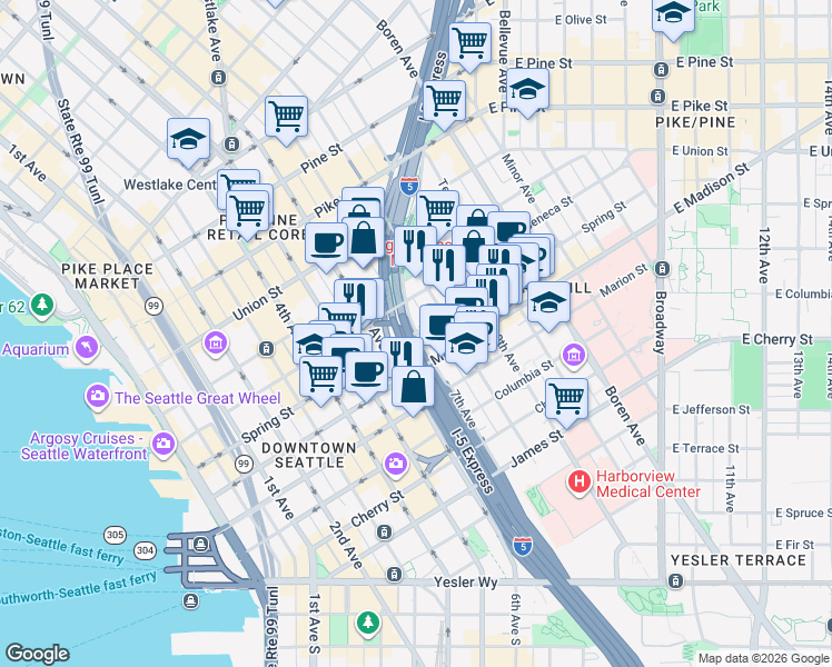 map of restaurants, bars, coffee shops, grocery stores, and more near 715 Spring Street in Seattle