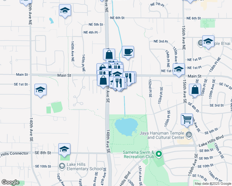 map of restaurants, bars, coffee shops, grocery stores, and more near 15015 Main Street in Bellevue