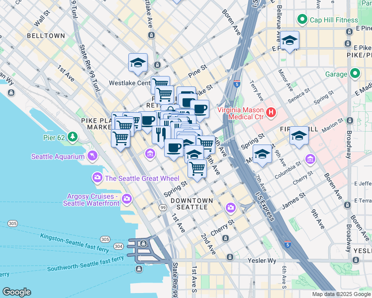 map of restaurants, bars, coffee shops, grocery stores, and more near 400 University Street in Seattle