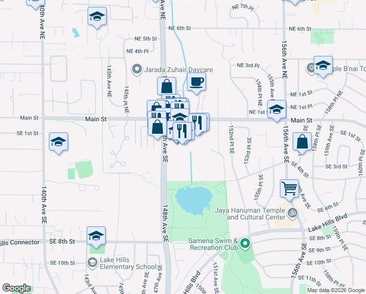 map of restaurants, bars, coffee shops, grocery stores, and more near 15015 Main Street in Bellevue