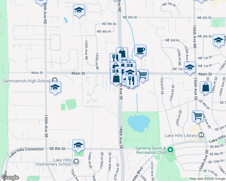 map of restaurants, bars, coffee shops, grocery stores, and more near 124 147th Avenue Southeast in Bellevue