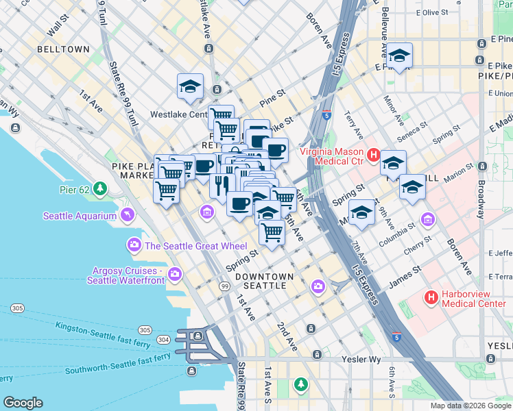 map of restaurants, bars, coffee shops, grocery stores, and more near 4th Ave & University St in Seattle