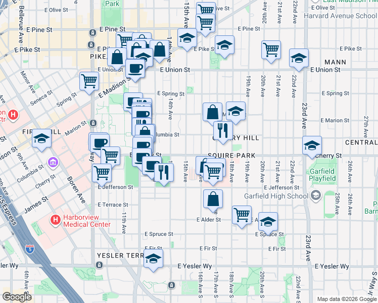 map of restaurants, bars, coffee shops, grocery stores, and more near 1500 East Cherry Street in Seattle