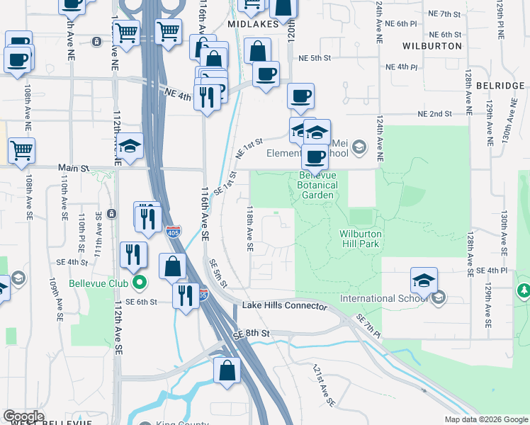 map of restaurants, bars, coffee shops, grocery stores, and more near 290 118th Avenue Southeast in Bellevue