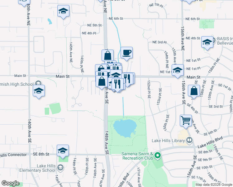 map of restaurants, bars, coffee shops, grocery stores, and more near 15015 Main Street in Bellevue