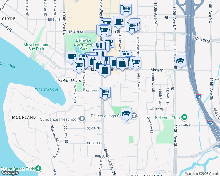 map of restaurants, bars, coffee shops, grocery stores, and more near 145 105th Avenue Southeast in Bellevue