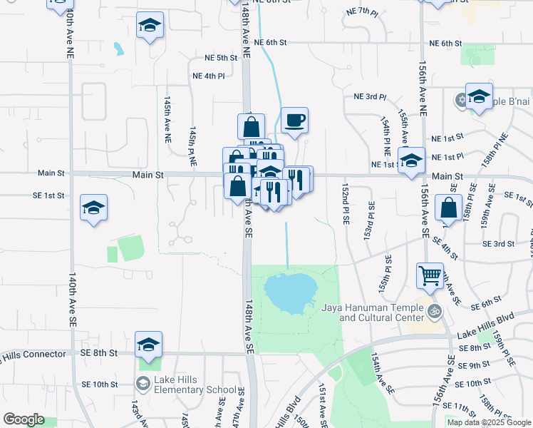 map of restaurants, bars, coffee shops, grocery stores, and more near 15015 Main Street in Bellevue