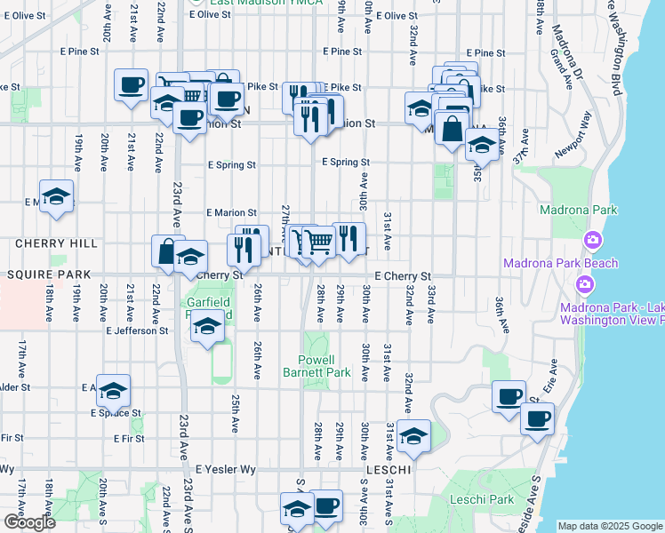 map of restaurants, bars, coffee shops, grocery stores, and more near 2820 E Cherry St in Seattle