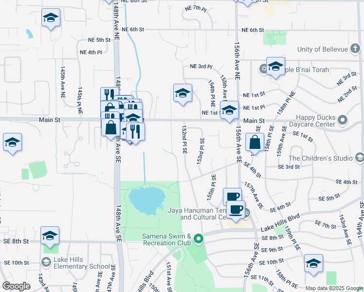 map of restaurants, bars, coffee shops, grocery stores, and more near 145 152nd Place Southeast in Bellevue