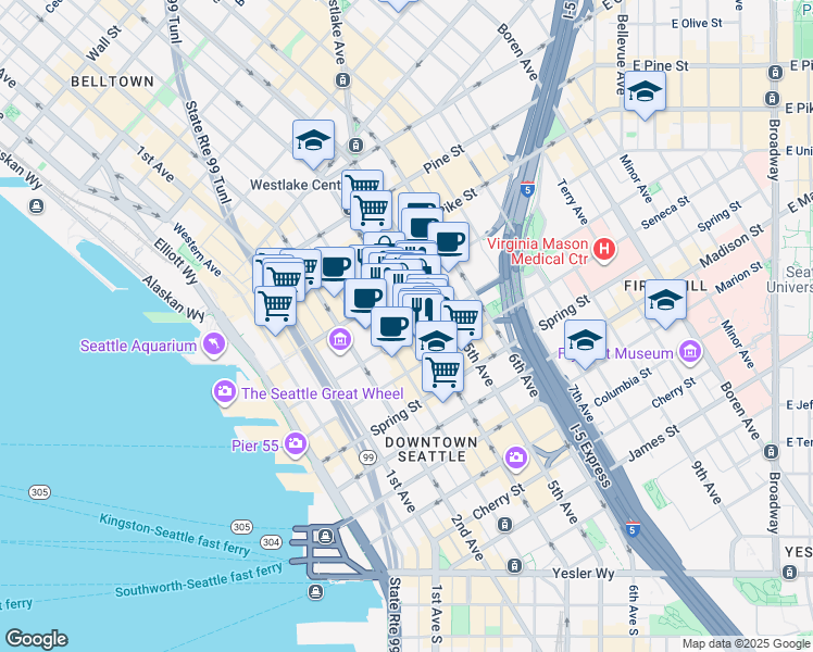 map of restaurants, bars, coffee shops, grocery stores, and more near 1301 4th Avenue in Seattle