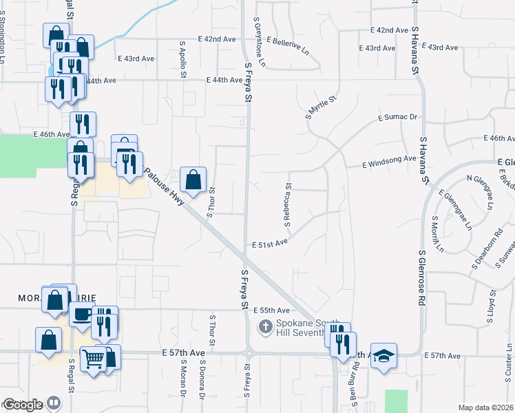 map of restaurants, bars, coffee shops, grocery stores, and more near 5115 South Freya Street in Spokane