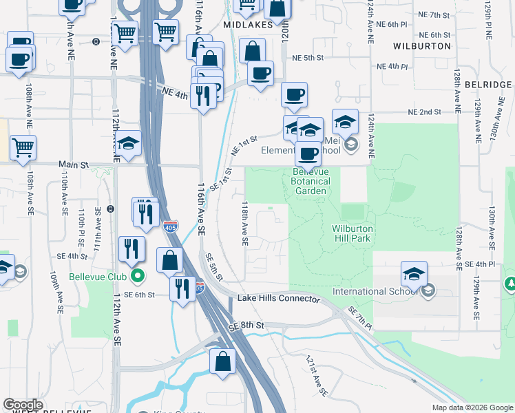 map of restaurants, bars, coffee shops, grocery stores, and more near 160 118th Avenue Southeast in Bellevue