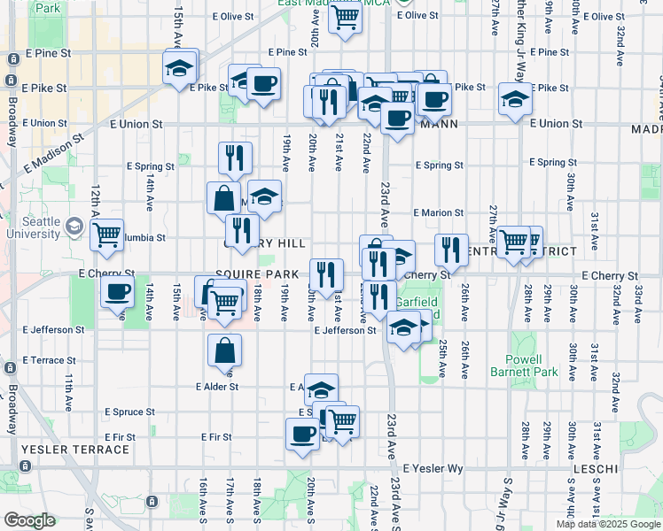 map of restaurants, bars, coffee shops, grocery stores, and more near 711 21st Avenue in Seattle
