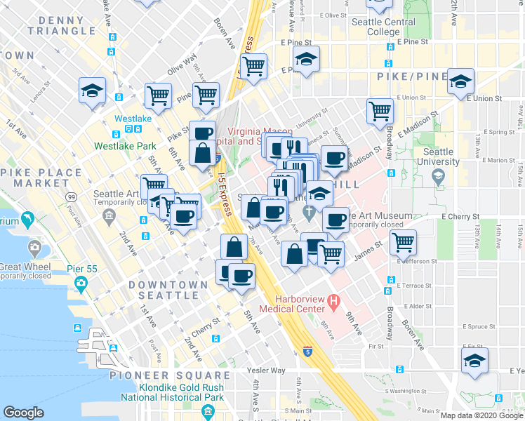 map of restaurants, bars, coffee shops, grocery stores, and more near Seattle Boulevard South in Seattle