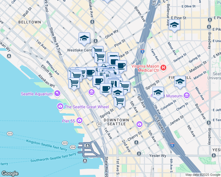 map of restaurants, bars, coffee shops, grocery stores, and more near in Seattle