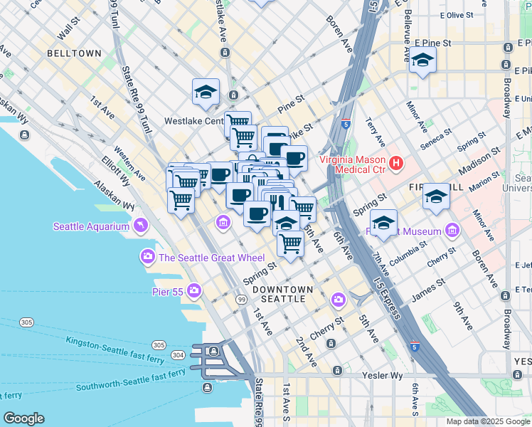 map of restaurants, bars, coffee shops, grocery stores, and more near 1316 4th Avenue in Seattle
