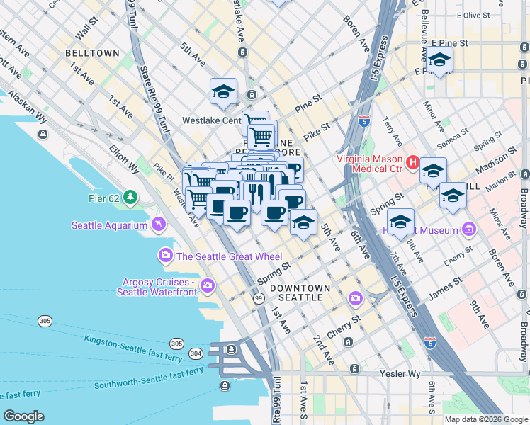 map of restaurants, bars, coffee shops, grocery stores, and more near 1355 3rd Ave in Seattle