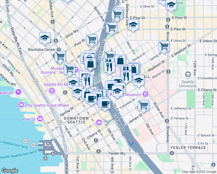 map of restaurants, bars, coffee shops, grocery stores, and more near 715 Spring Street in Seattle