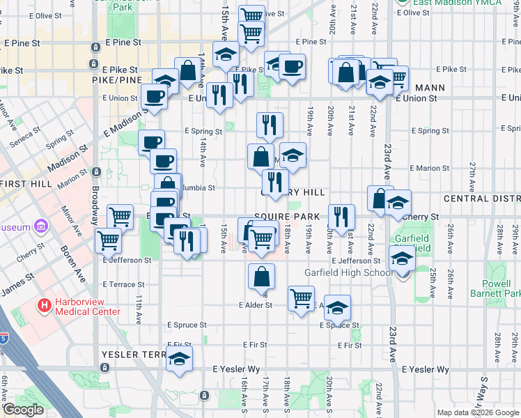 map of restaurants, bars, coffee shops, grocery stores, and more near 701 17th Avenue in Seattle