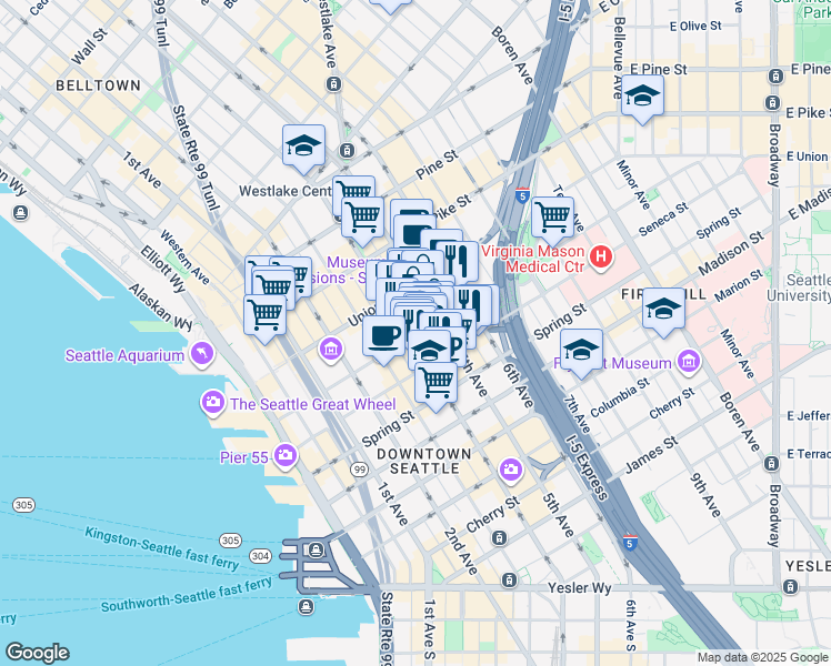 map of restaurants, bars, coffee shops, grocery stores, and more near 417 University Street in Seattle