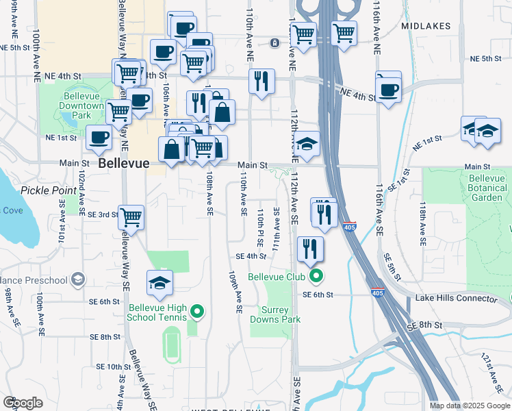 map of restaurants, bars, coffee shops, grocery stores, and more near 203 110th Place Southeast in Bellevue
