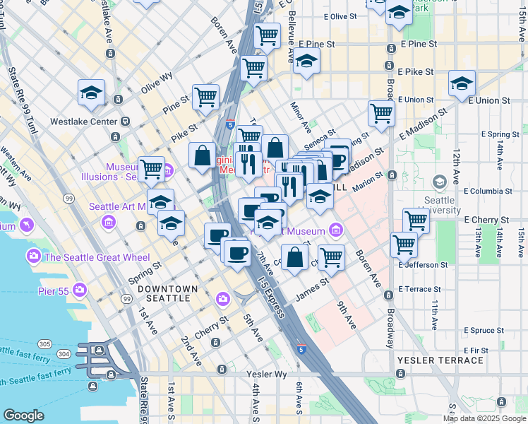 map of restaurants, bars, coffee shops, grocery stores, and more near 801 Spring Street in Seattle