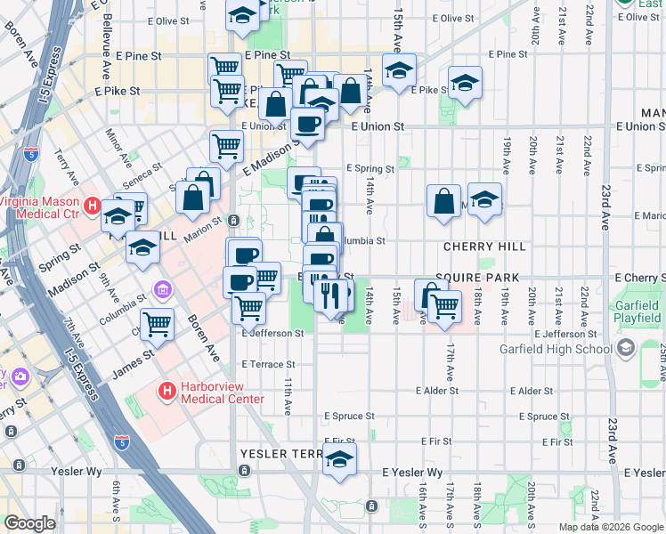 map of restaurants, bars, coffee shops, grocery stores, and more near 715 13th Avenue in Seattle