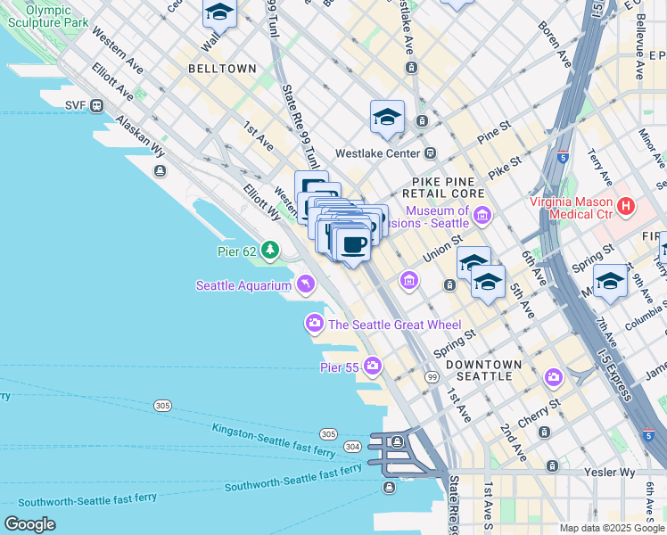 map of restaurants, bars, coffee shops, grocery stores, and more near 1501 Pike Place in Seattle