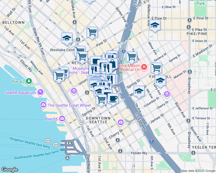 map of restaurants, bars, coffee shops, grocery stores, and more near 1215 5th Avenue in Seattle