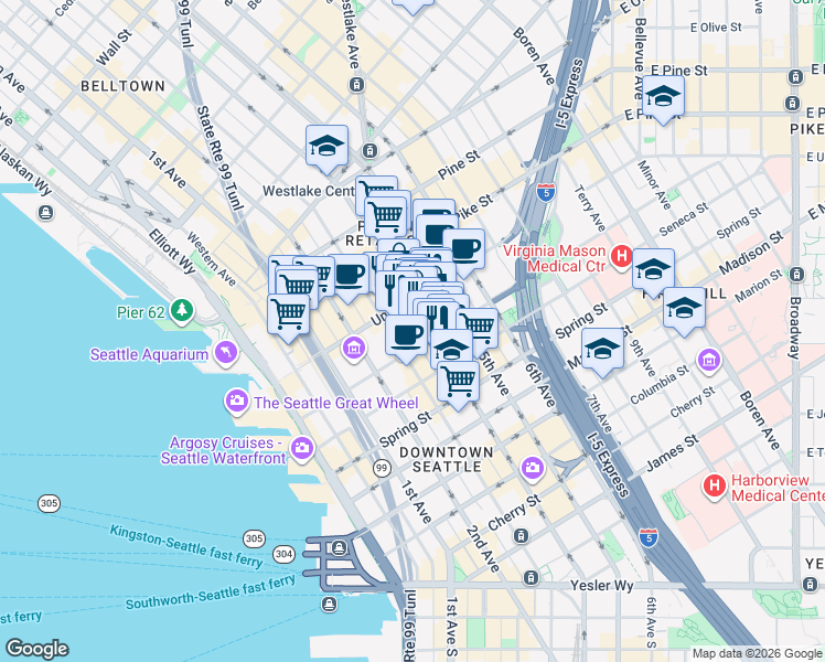 map of restaurants, bars, coffee shops, grocery stores, and more near 1301 4th Avenue in Seattle