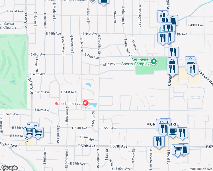 map of restaurants, bars, coffee shops, grocery stores, and more near 5023 S Lee Cir in Spokane