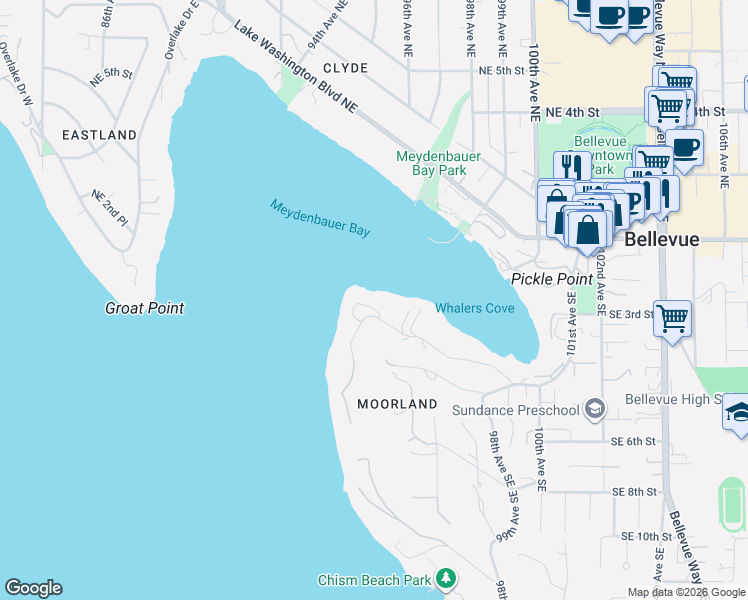 map of restaurants, bars, coffee shops, grocery stores, and more near 9232 Southeast Shoreland Drive in Bellevue