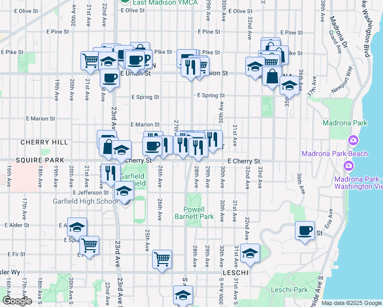 map of restaurants, bars, coffee shops, grocery stores, and more near in Seattle