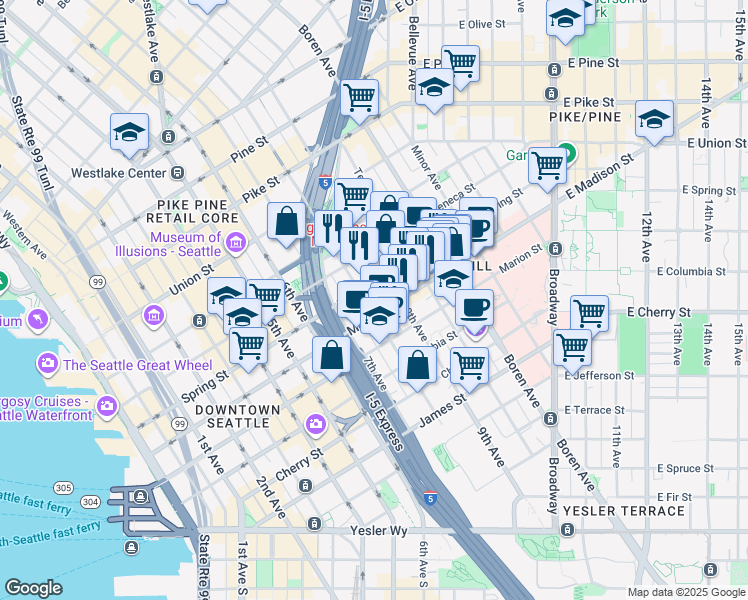 map of restaurants, bars, coffee shops, grocery stores, and more near 801 Spring Street in Seattle